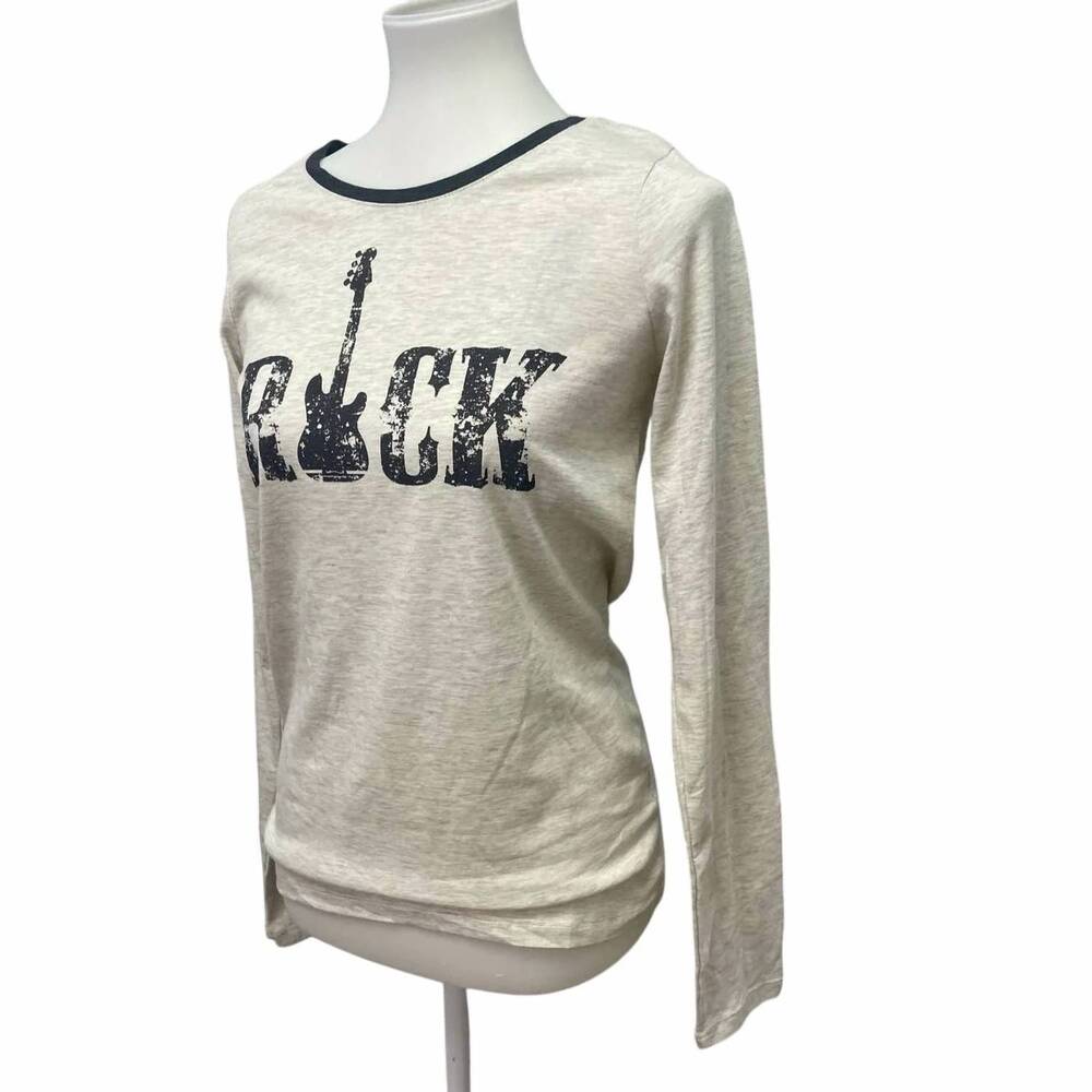 NEW POOF women's rock music guitar long sleeve crew neck tee in dove gray